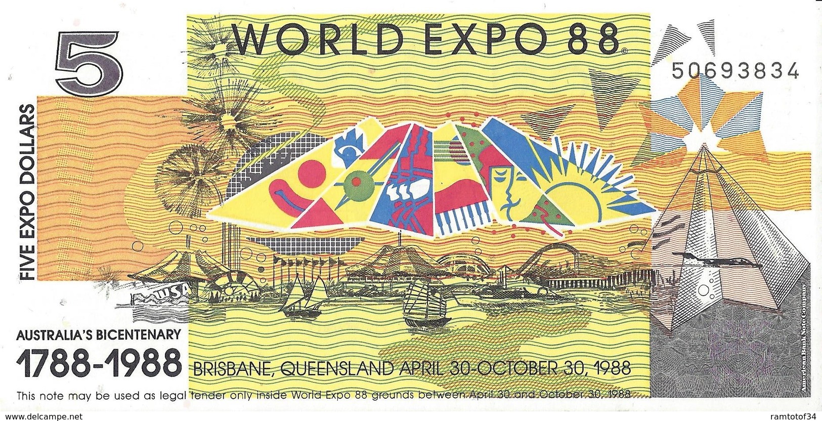 AUSTRALIE - World Expo 5 Dollars 1988 - UNC - 2005-... (polymeerbiljetten)