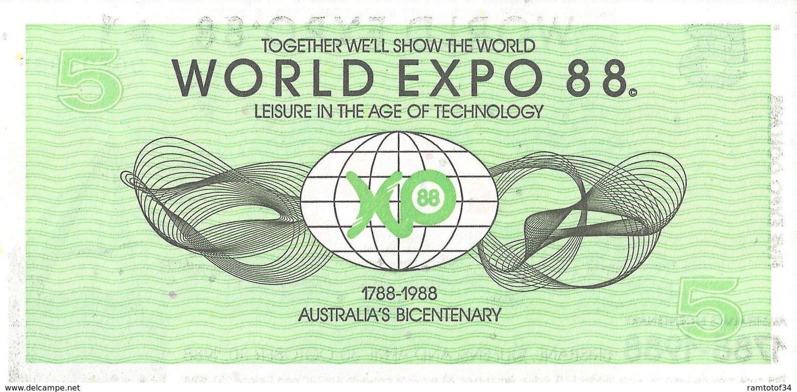 AUSTRALIE - World Expo 5 Dollars 1988 - UNC - 2005-... (polymeerbiljetten)