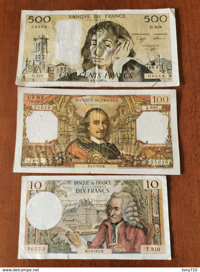 Lot De Billet France 500 Francs Pascal, 100 Fr, 10 Fr - Other & Unclassified