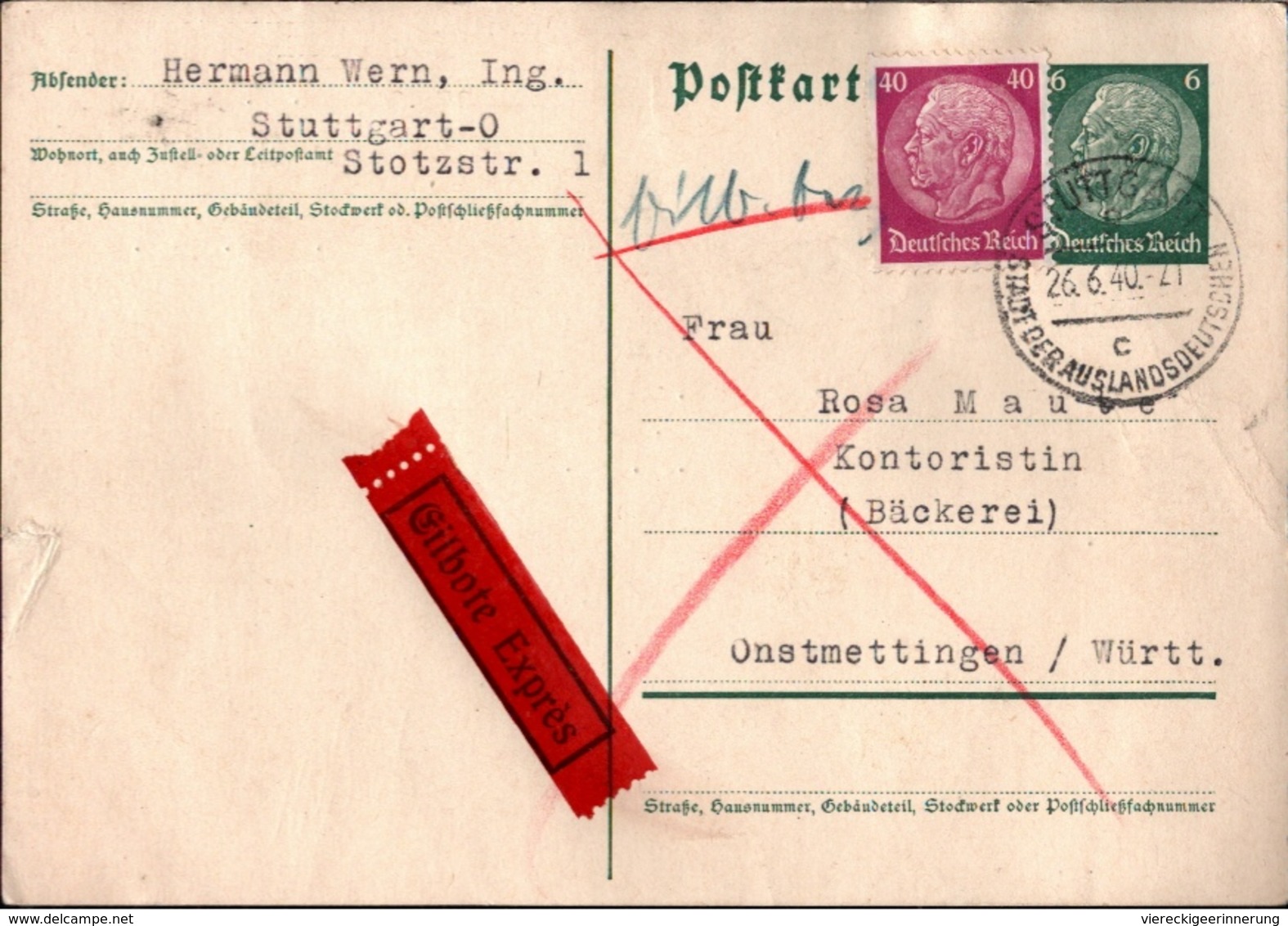 ! 1940 Ganzsache Von Stuttgart Als Eilbotensendung Nach Onstmettingen, Württemberg - Storia Postale