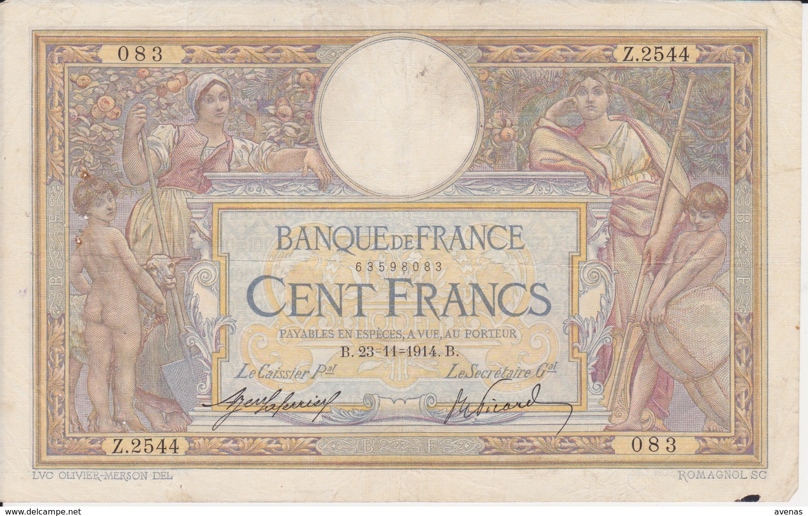 Billet 100 CENT FRANCS " LUC OLIVIER MERSON " Emission 23-11-1914 Abimé Et Tâché - Banque De France - 100 F 1908-1939 ''Luc Olivier Merson''