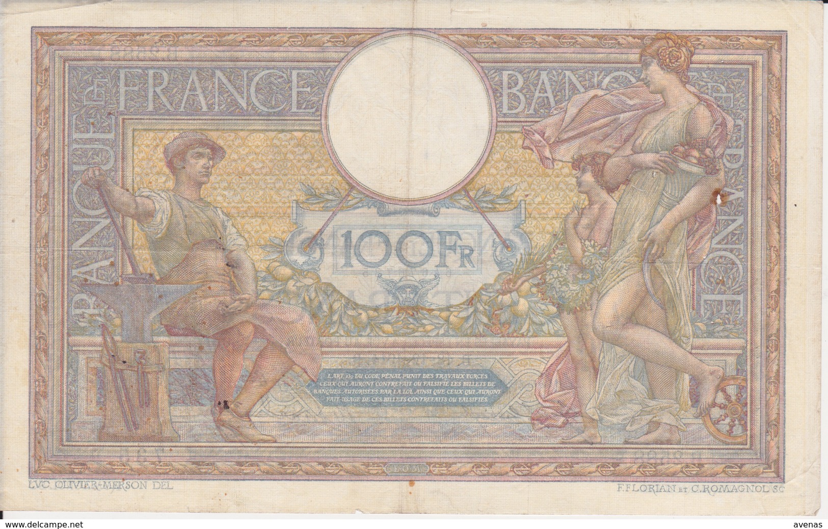 Billet 100 CENT FRANCS " LUC OLIVIER MERSON " Emission 18-12-1914 Abimé Et Tâché - Banque De France - 100 F 1908-1939 ''Luc Olivier Merson''