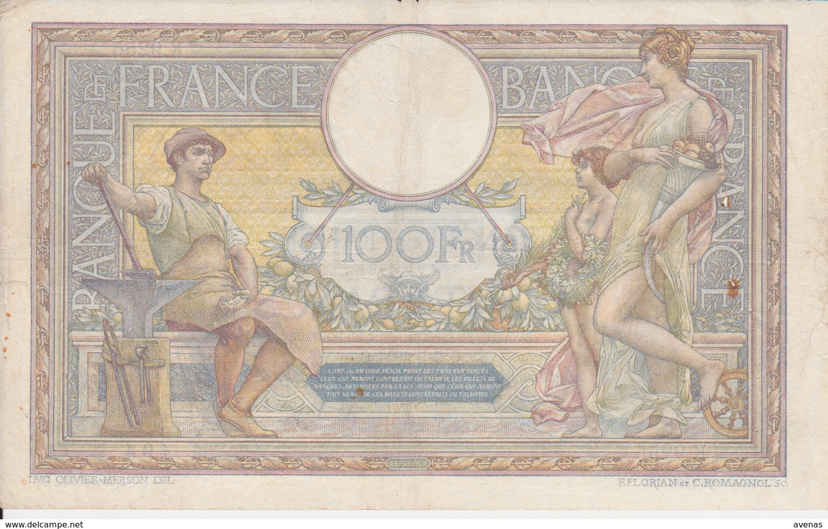 Billet 100 CENT FRANCS " LUC OLIVIER MERSON " Emission 2-5-1923 Abimé Et Tâché - Banque De France - 100 F 1908-1939 ''Luc Olivier Merson''