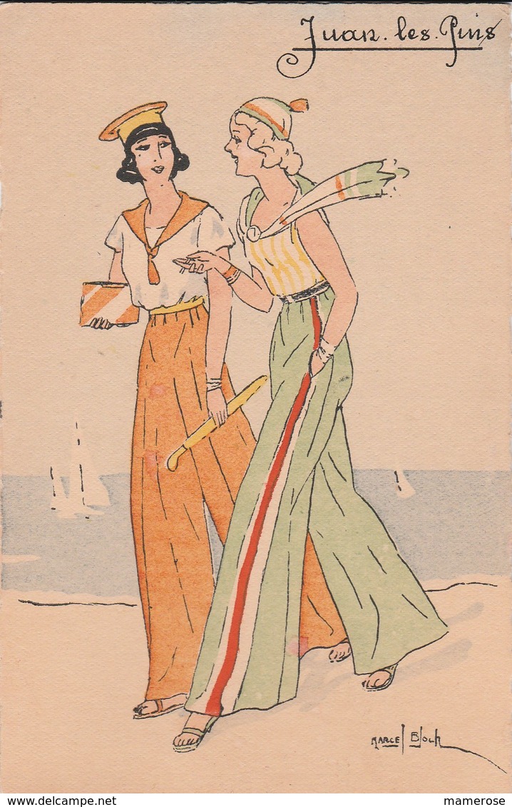 JUAN-LES-PINS. Elégantes En Pantalon Marchant Sur La Plage. Illustration: Marcel Block - Autres & Non Classés