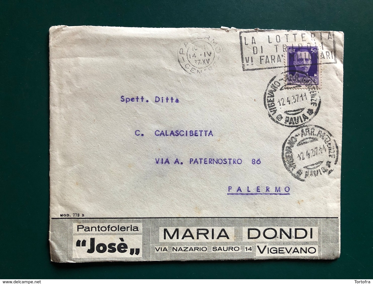 VIGEVANO (PAVIA) BUSTA INTESTATA PANTOFOLERIA JOSE' MARIA DONDI  1937 - Vigevano