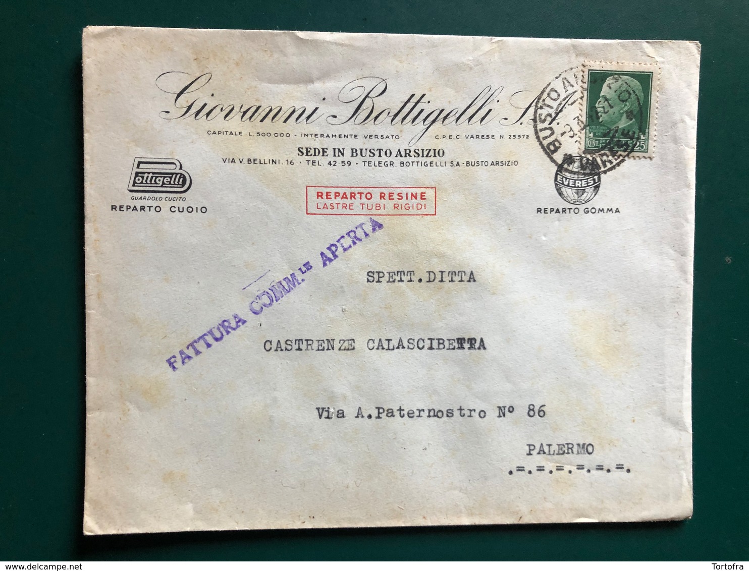 BUSTO ARSIZIO (VARESE) BUSTA INTESTATA GIOVANNI BOTTIGELLI S. A.  1942 - Busto Arsizio
