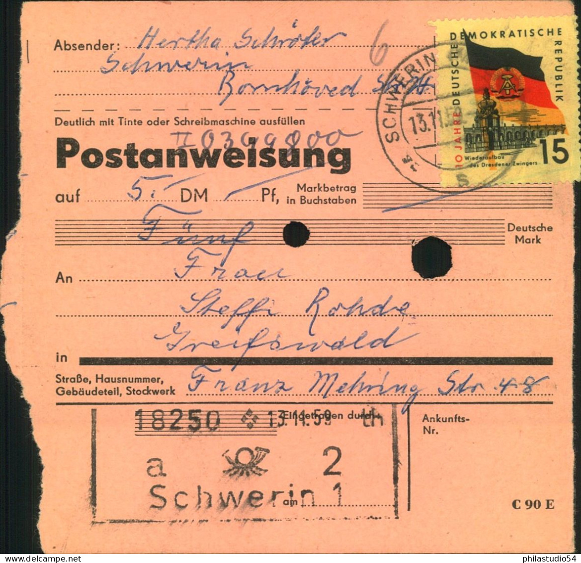 1959, 15 Pfg. "10 Jahre DDR" Auf Postanweisung Ab SCHWERIN 1 - Storia Postale