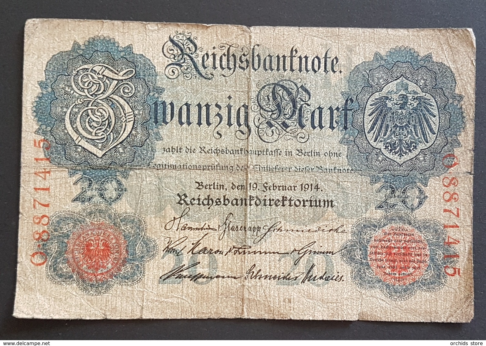 EM0505 - Germany 20 Mark Banknote 1914 #O.8871415 P.46b 7 Digit Serial - 20 Mark