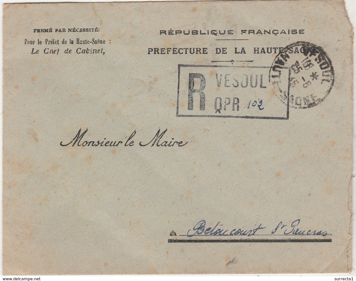 1945 / Enveloppe Recommandée Franchise / Préfecture Vesoul / Pour Mairie - 1921-1960: Periodo Moderno