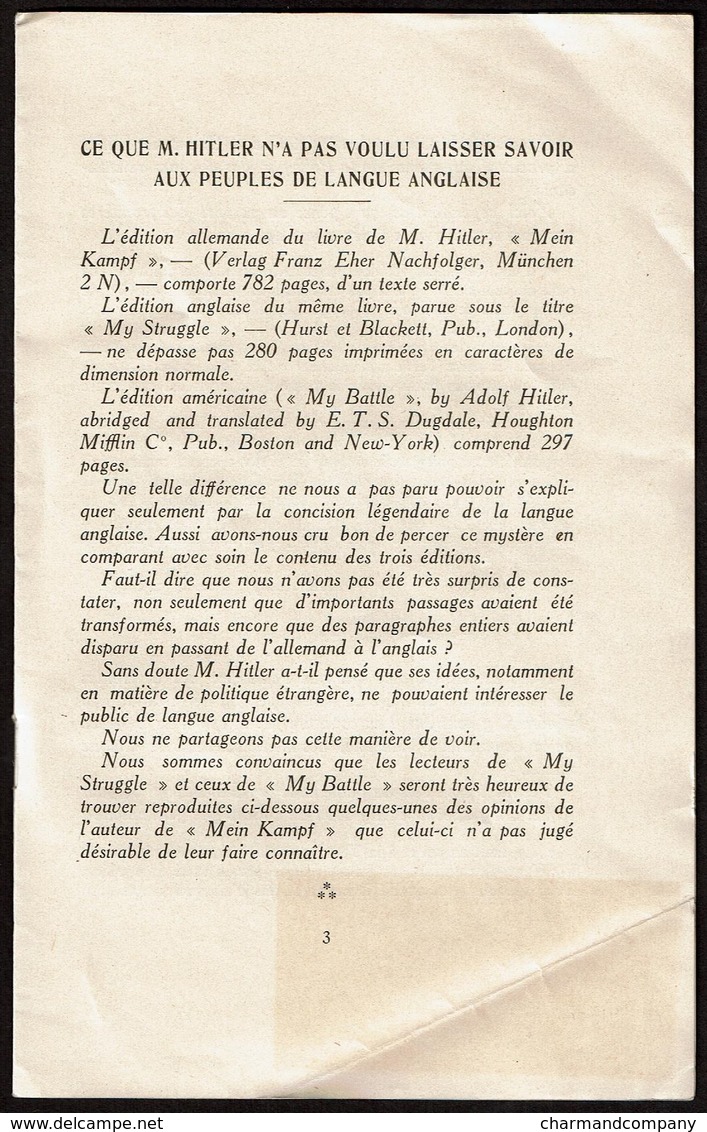 Ce Que M. Hitler N'a Pas Voulu Laisser Savoir Aux Peuples De Langue Anglaise (1938) - 5 Pages - 3 Scans - Andere & Zonder Classificatie