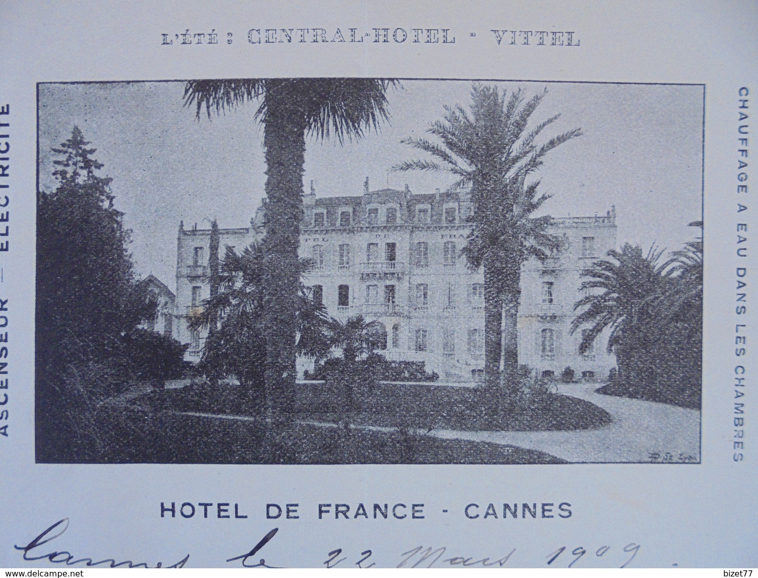 FACTURETTE - 06 - DEPARTEMENT ALPES MARITIMES - CANNES 1909 - HOTEL DE FRANCE  - DECO - Andere & Zonder Classificatie