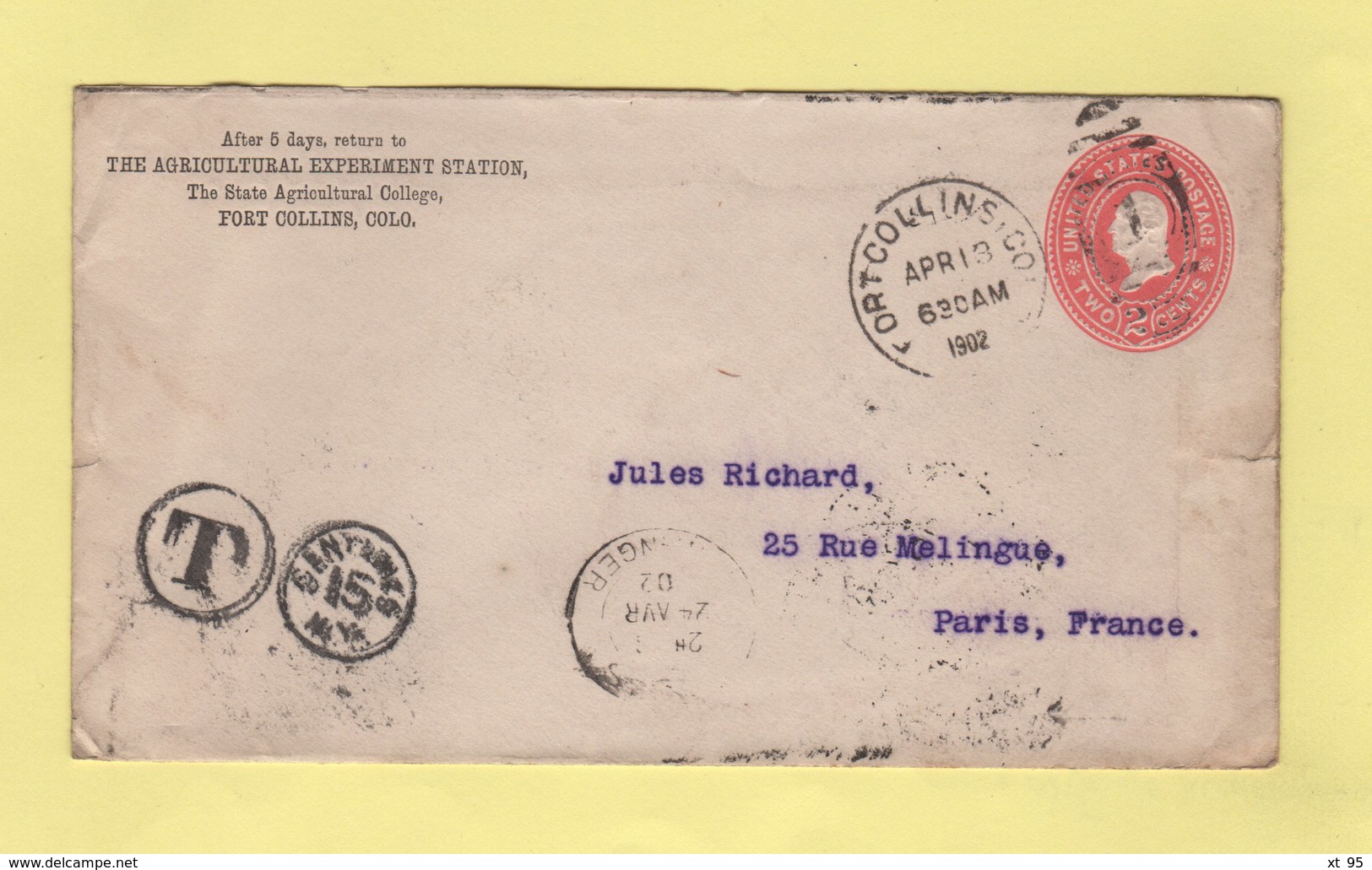 Etats Unis - Entier Postal Destination France - Fort Collins - 1902 - Taxe 15 Centimes - 1901-20