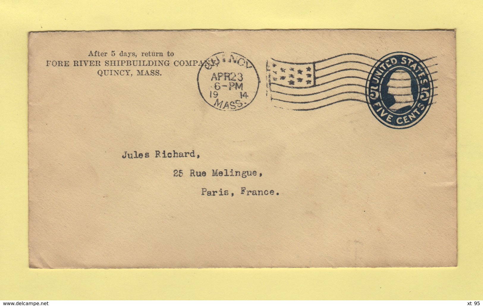 Etats Unis - Entier Postal Destination France - Quincy - 1914 - 1901-20