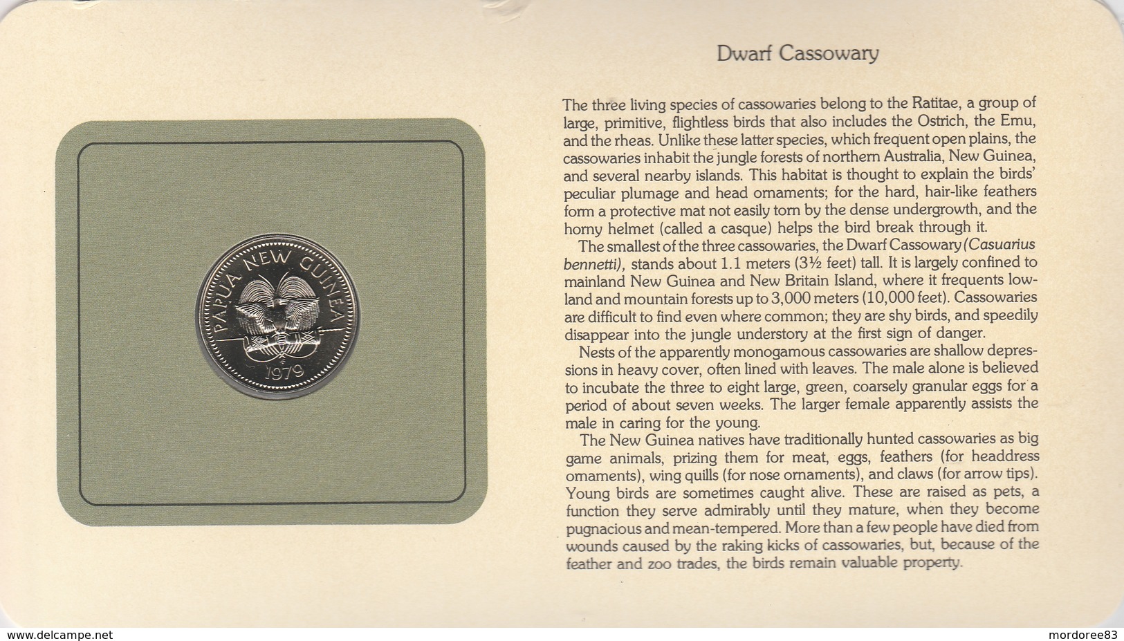 BIRD COINS OF THE WORLD - PIECES D OISEAUX - 20T  - DWARF CASSOWARY - Casoar De Bennett - 1979 - Papouasie-Nouvelle-Guinée