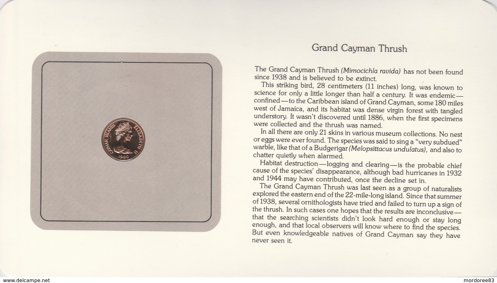 BIRD COINS OF THE WORLD - PIECE D OISEAUX  - 1 - GRAND CAYMAN THRUSH - Merle De Grande Caïman - 1980 - Britse-karibisher Territorien