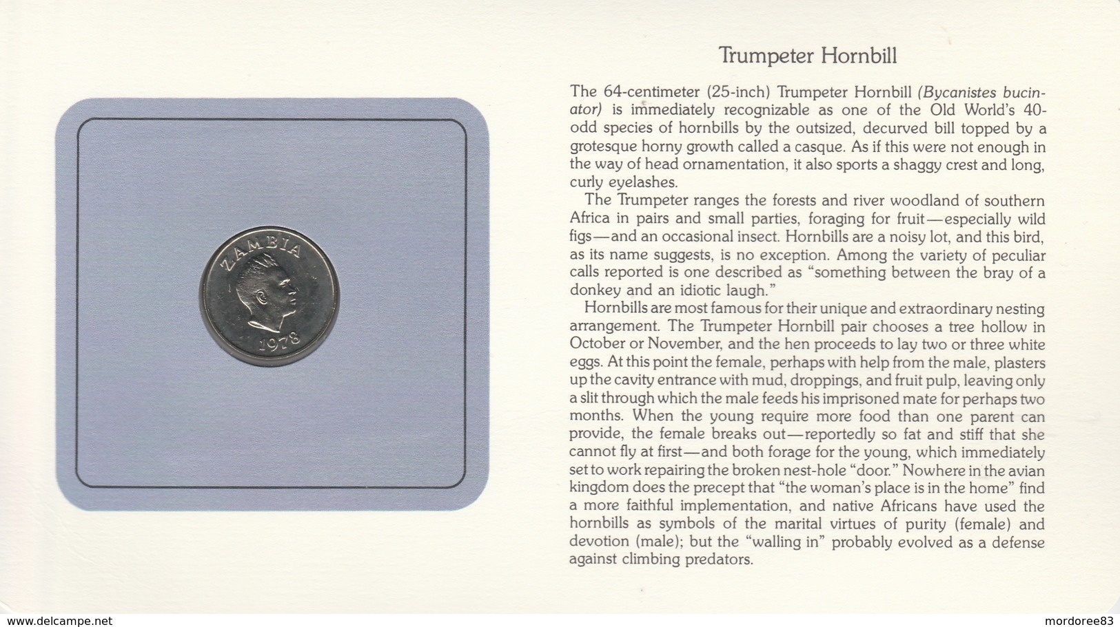 BIRD COINS OF THE WORLD - PIECE D OISEAUX  - TEN NGWEE - TRUMPETER HORNBILL - CALAO TROMPETTE- 1978 - Sambia