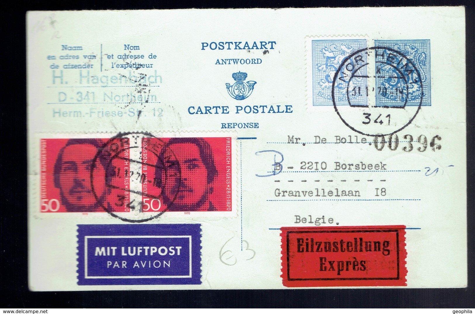 CP 168 + 854 + RFA 521 X2 !! RÉPONSE !! Exprès Northeim '(All) 31 12 70 => Borsbeek + Verso   ( Etat !! ) - Cartes Postales 1951-..