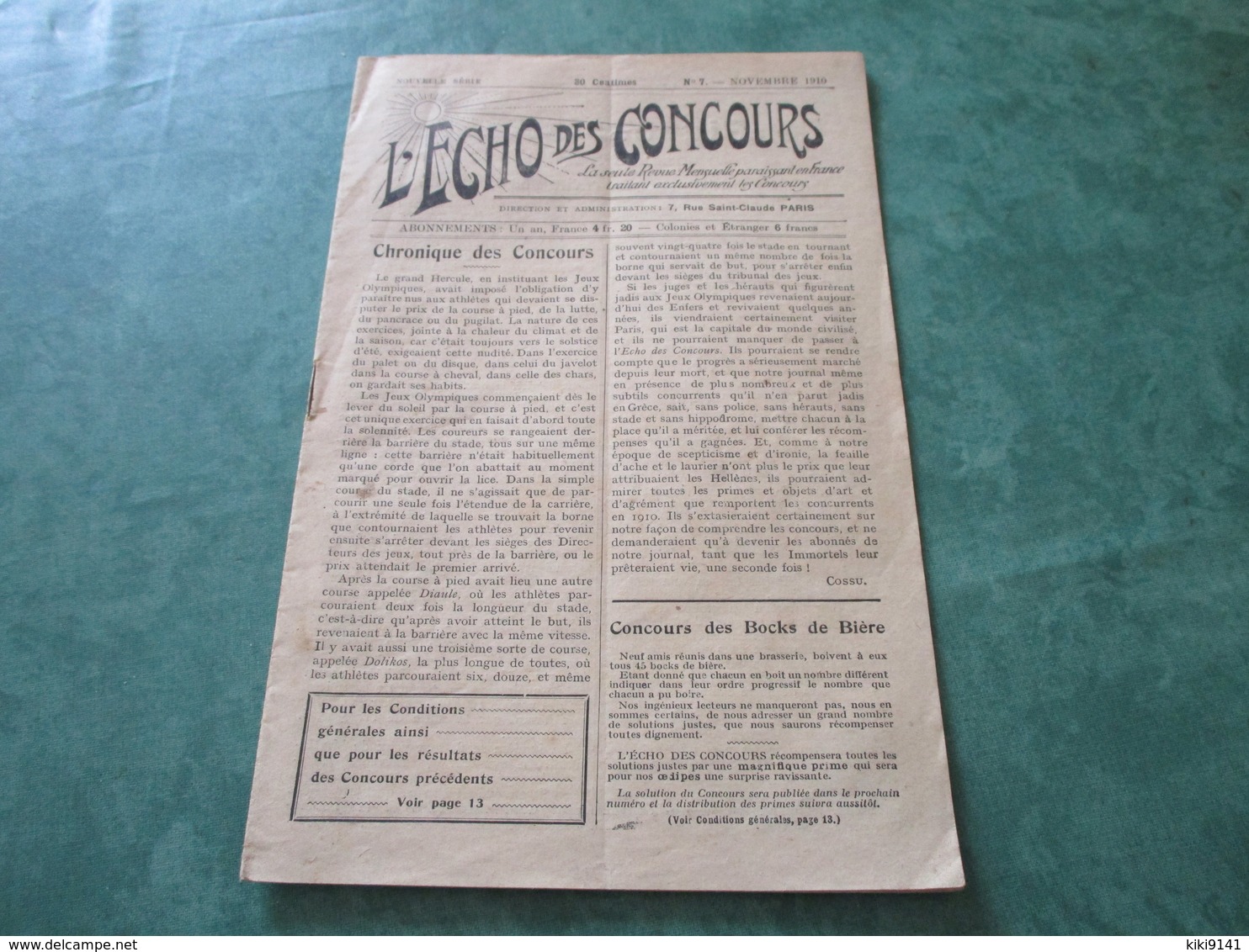 L'ECHO DES CONCOURS - Nouvelle Série N°7 - Novembre 1910 (16 Pages) - Palour Games