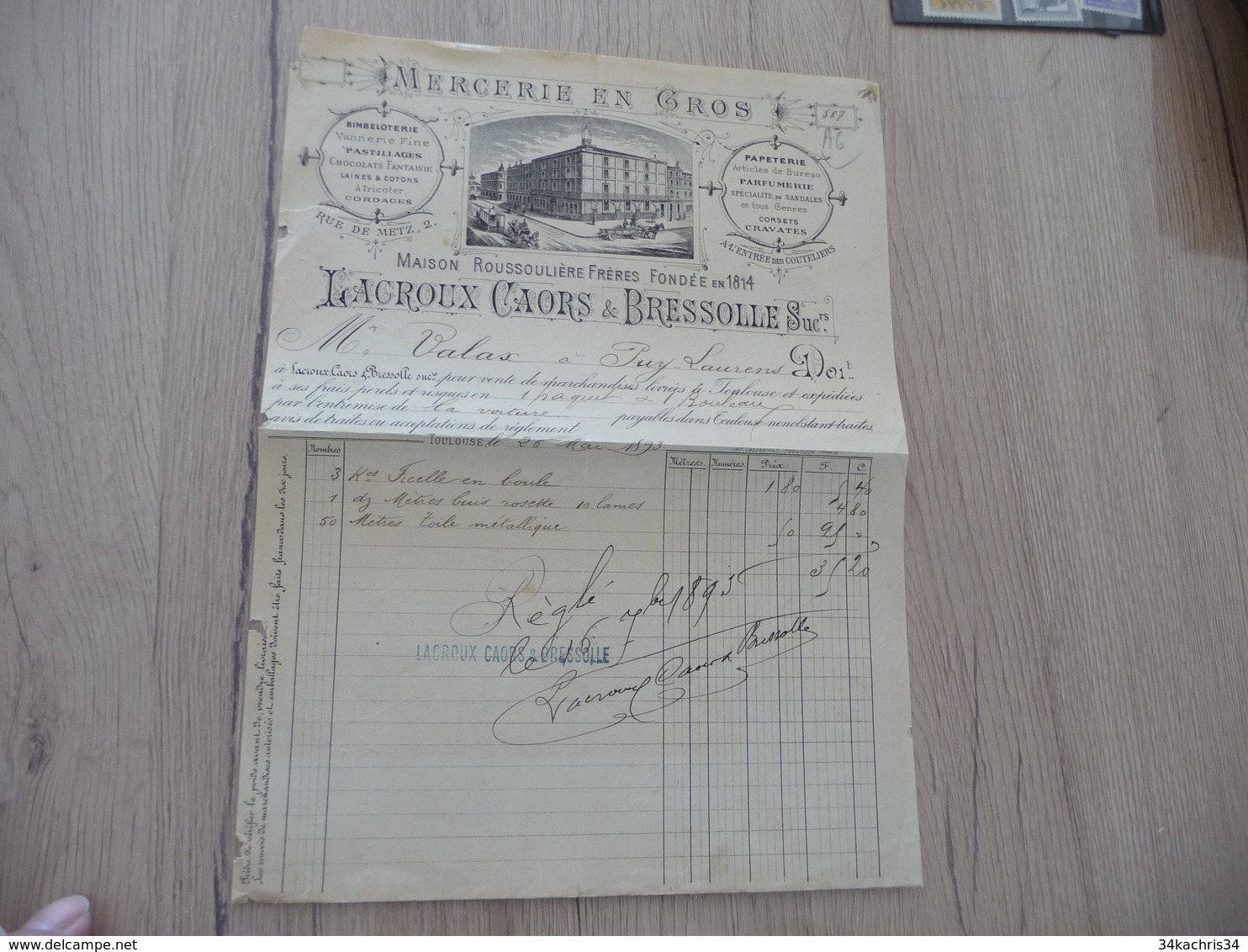 Facture Illustrée Toulouse 1893 Lacroux Caors Bressolle Mercerie En Gros - Textilos & Vestidos