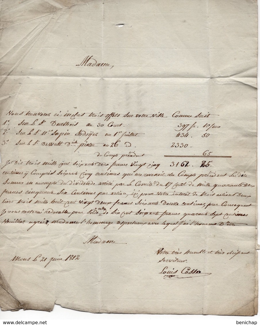 LAC Du 21 Juin 1812 De Griffe 86 Mons Vers De Brigode De Kemlandt - Lille (Fr) Port De 5 Décimes. - 1794-1814 (French Period)