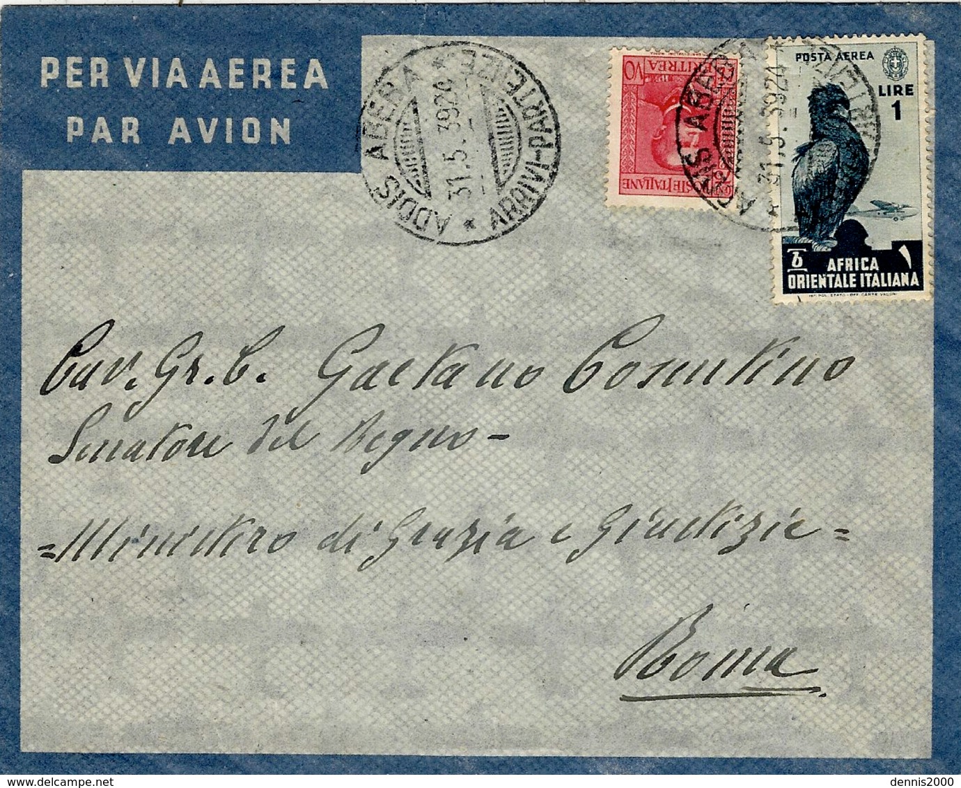 1939- Enveloppe Par Avion D'ADDIS ABEBA  Affr. à 1,75 Lit Pour Roma - Afrique Orientale