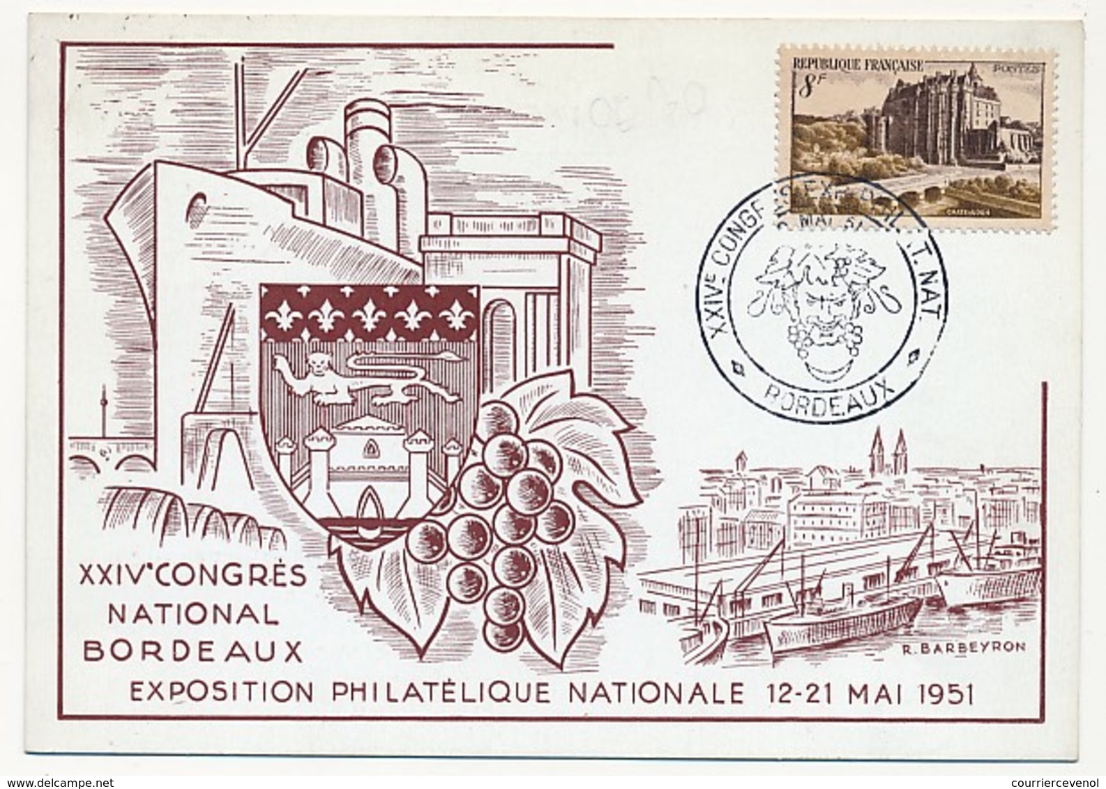 FRANCE - CP Affr 8F Chateaudun Cachet Temp "XXIV° Congrès National De BORDEAUX" 1951 - Cachets Commémoratifs