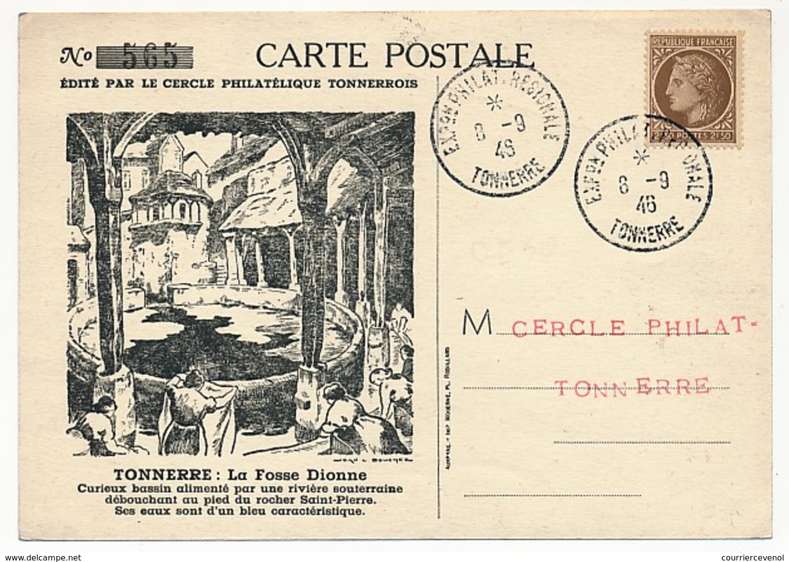 FRANCE - CP Affr 2F50 Cérès Cachet Temp "Expo Philatélique Régionale TONNERRE 8/9/1949" - La Fosse Dionne - Cachets Commémoratifs