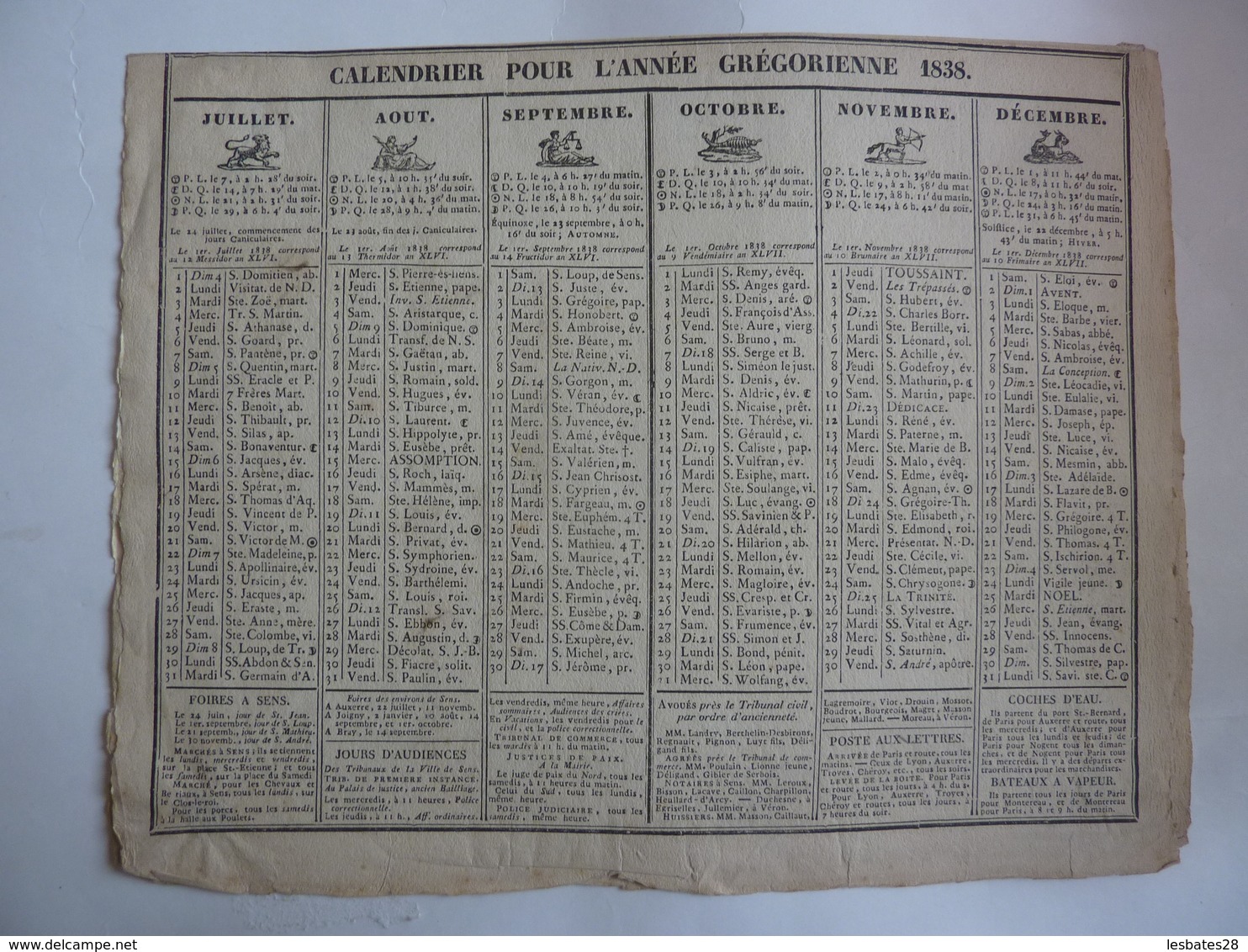 ALMANACH  CALENDRIER  DE CABINET POUR L'ANNEE GREGORIENNE 1838- 2 SEMESTRIELS  Allégorie Signes Zodiaques  P4 - Tamaño Grande : ...-1900