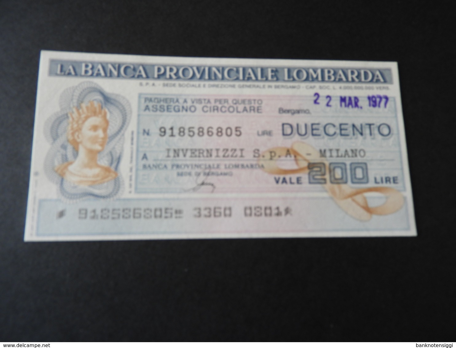 Bank Der Provinz Der Lombarda 200 Lire 1977 - [10] Chèques