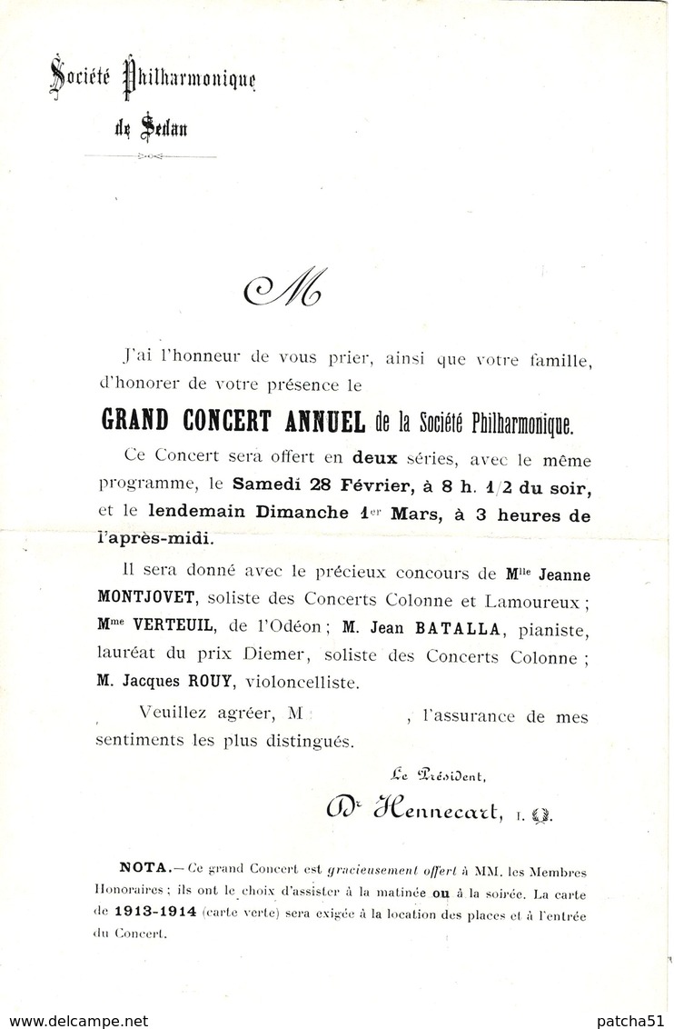 SEDAN - Société Philharmonique De Sedan - GRAND CONCERT Samedi 28 Février 1914 - Salons De L'Hôtel De Ville - Programmes