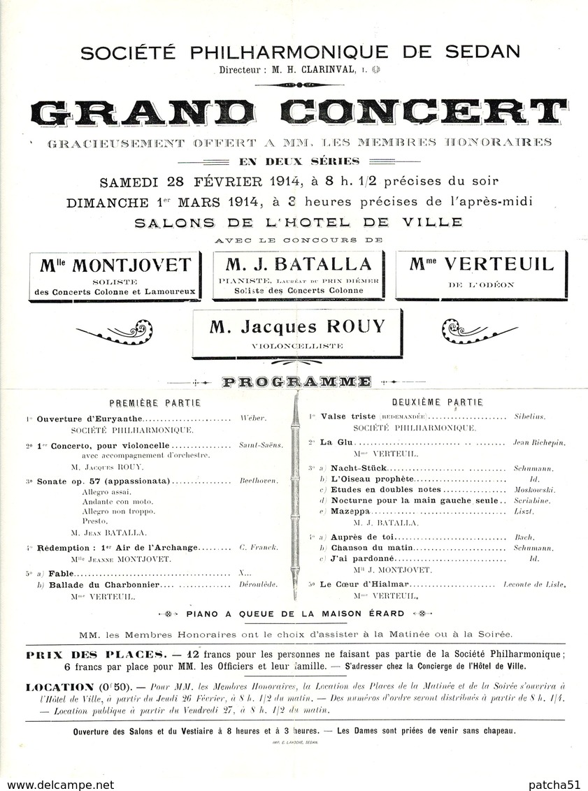 SEDAN - Société Philharmonique De Sedan - GRAND CONCERT Samedi 28 Février 1914 - Salons De L'Hôtel De Ville - Programmes