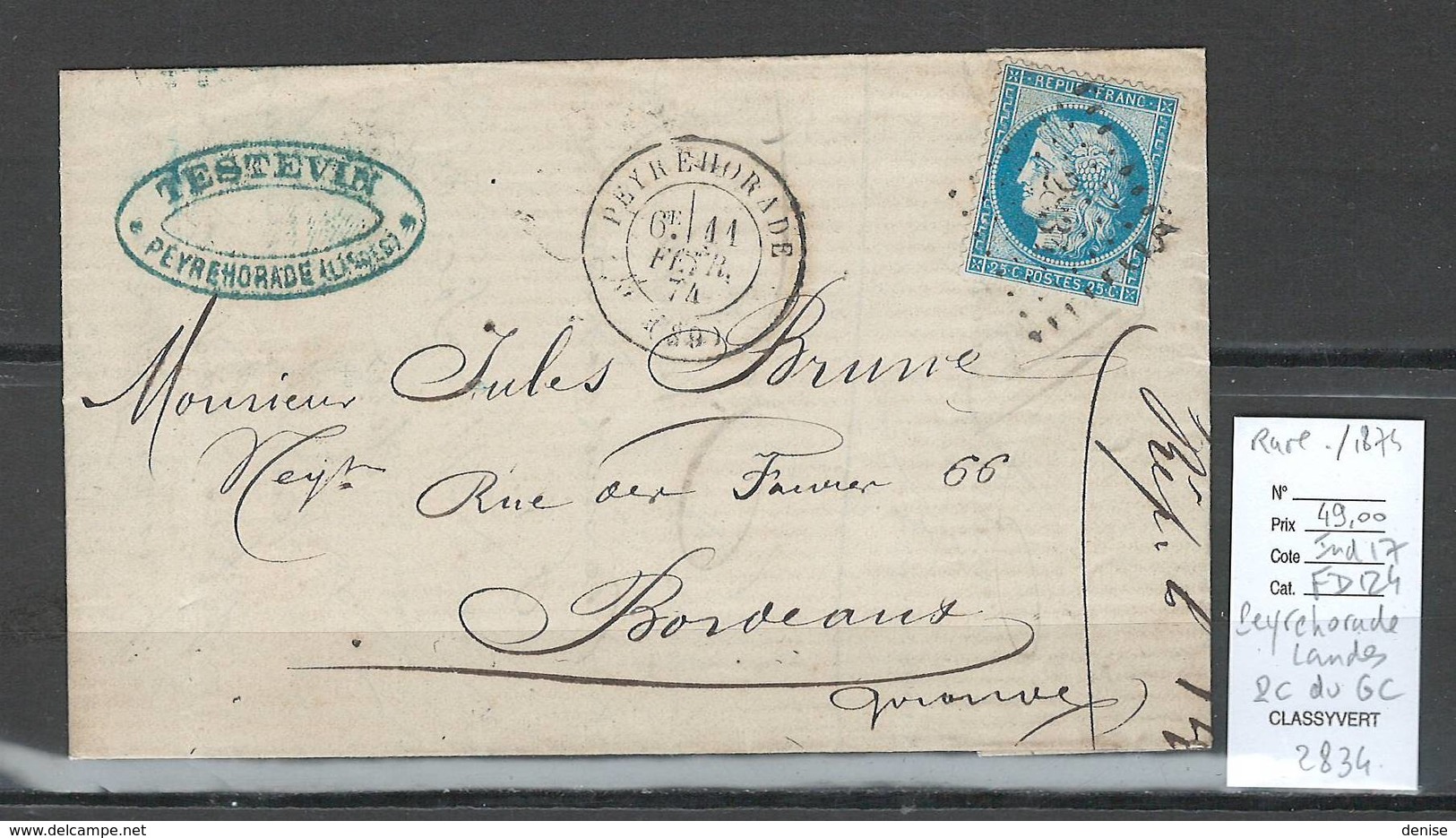 France - Lettre - PC Du GC 2834 - PEYREHORADE - Landes - 1874 - 1849-1876: Période Classique