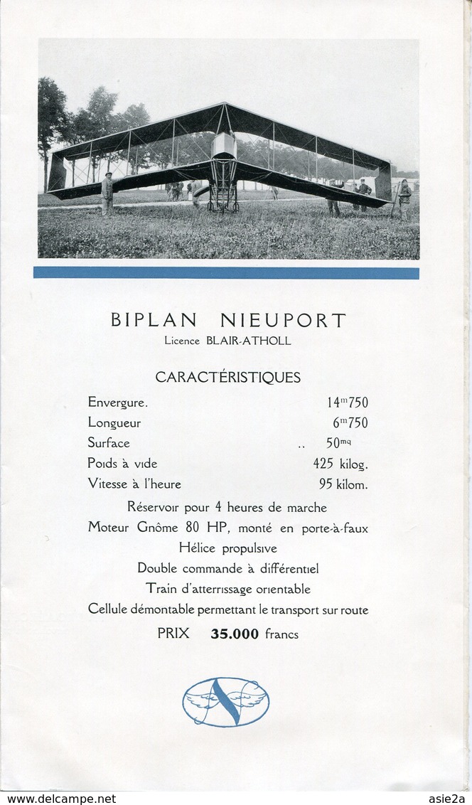 Dépliant Publicitaire  AEROPLANES NIEUPORT 1914    Fréjus - Issy Les Moulineaux - Villacoublay. - AeroAirplanes