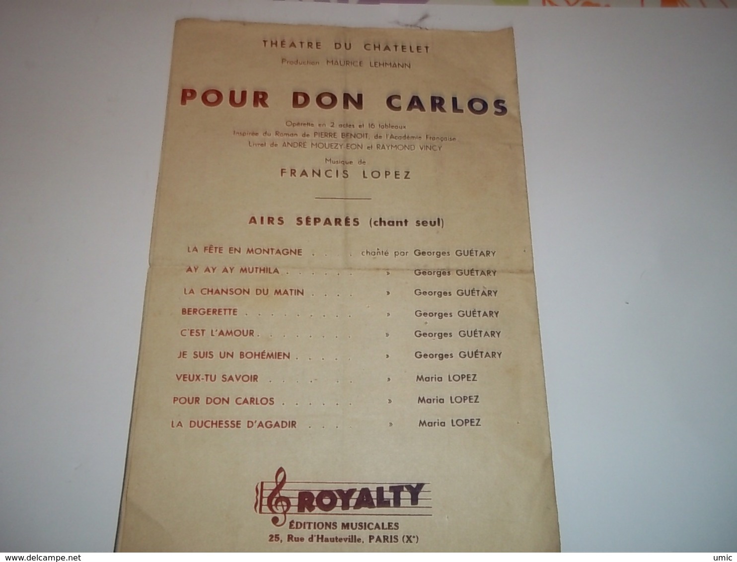 Pour Don Carlos, Opérette En 2 Actes Et 5 Tableaux - Compositori Di Commedie Musicali