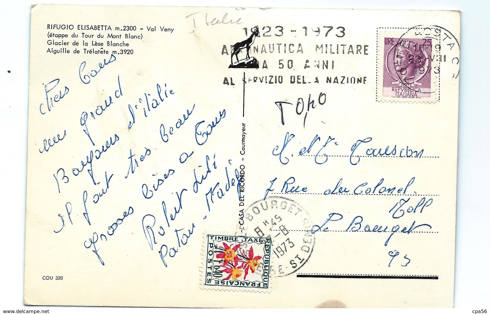 Carte Postale 1973 - Italienne Taxée à 0,40F Le BOURGET - 1960-.... Lettres & Documents