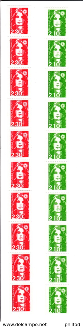 1990 - LOT De 2 BANDES DE 10 ROULETTES - Rouge 2.30 F Et Vert 2.10 F - Y&T 2627 Et 2628 ( Inclus Numérotés) - Coil Stamps