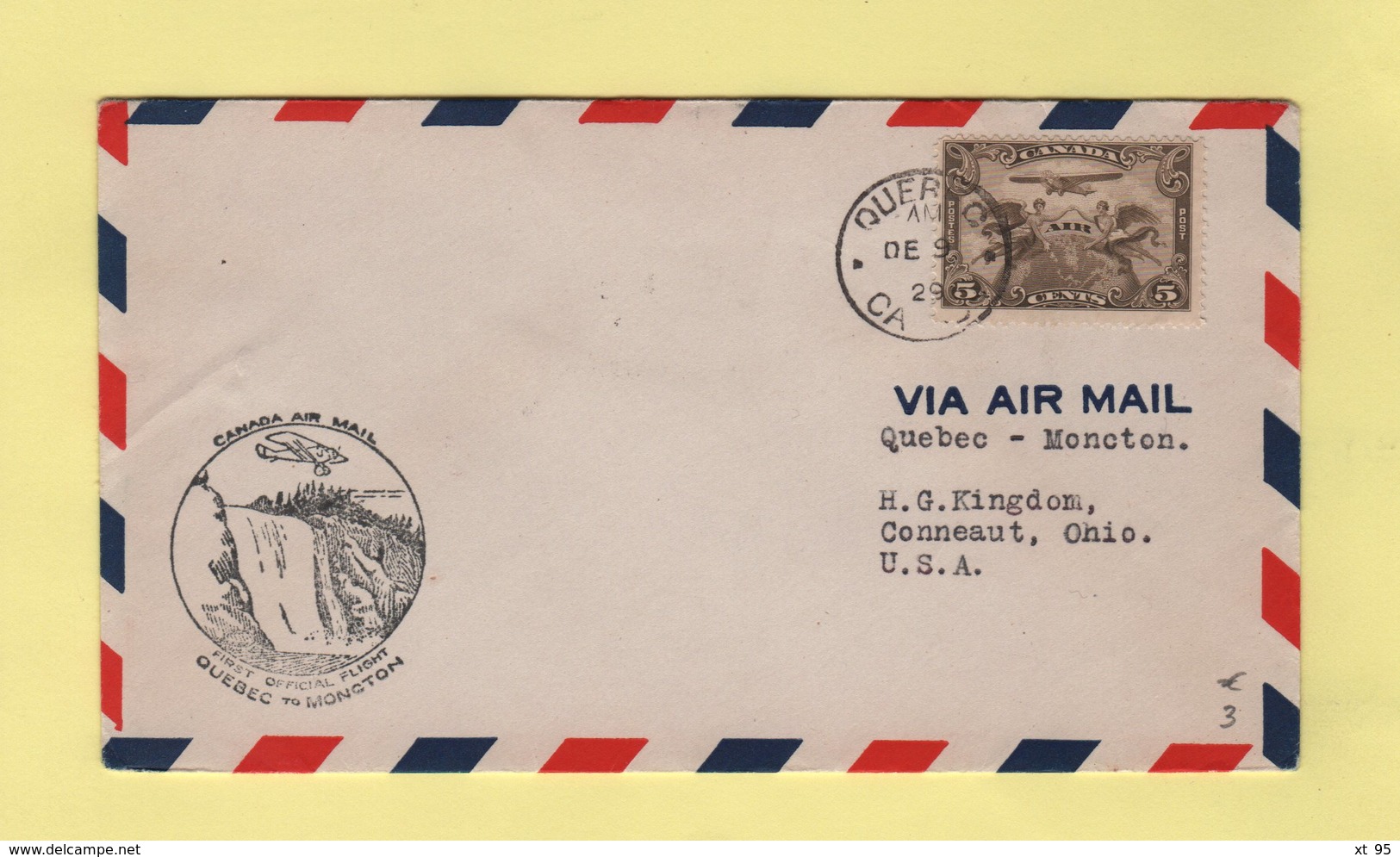 Canada - Premier Vol - First Flight - 1929 - Quebec To Mongton - Airmail