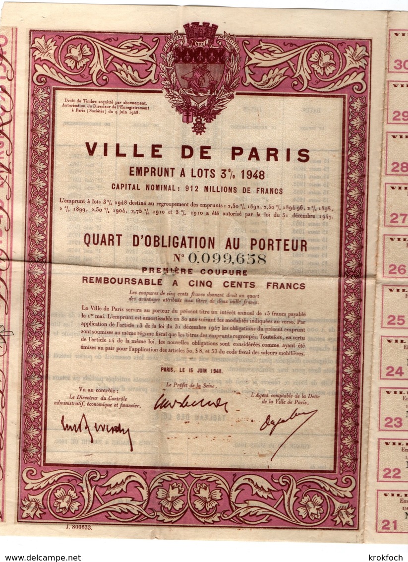 Ville De Paris - Emprunt à Lot 1948 Avec Feuille De 22 Coupons - S - V