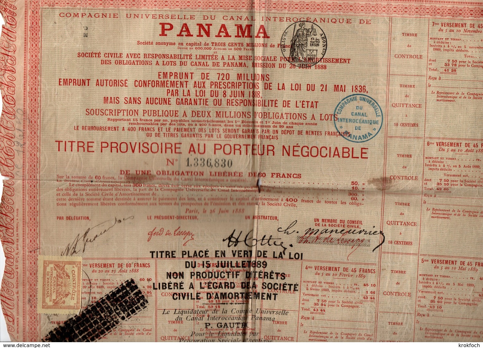 Canal De Panama - Titre Au Porteur Avec Timbre Fiscal - !!pli & Petites Déchirures - A - C