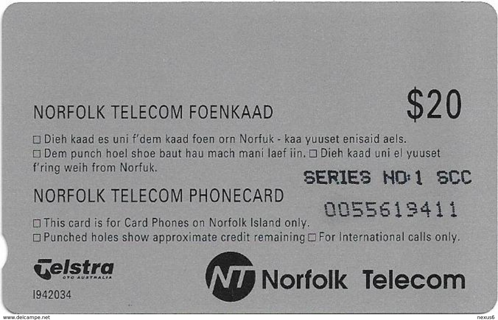 Norfolk Isl. - Telstra (Anritsu) - The 'Bounty' Ship (SCC Issue), 1994, 20$, 11.000ex, Mint - Norfolkinsel