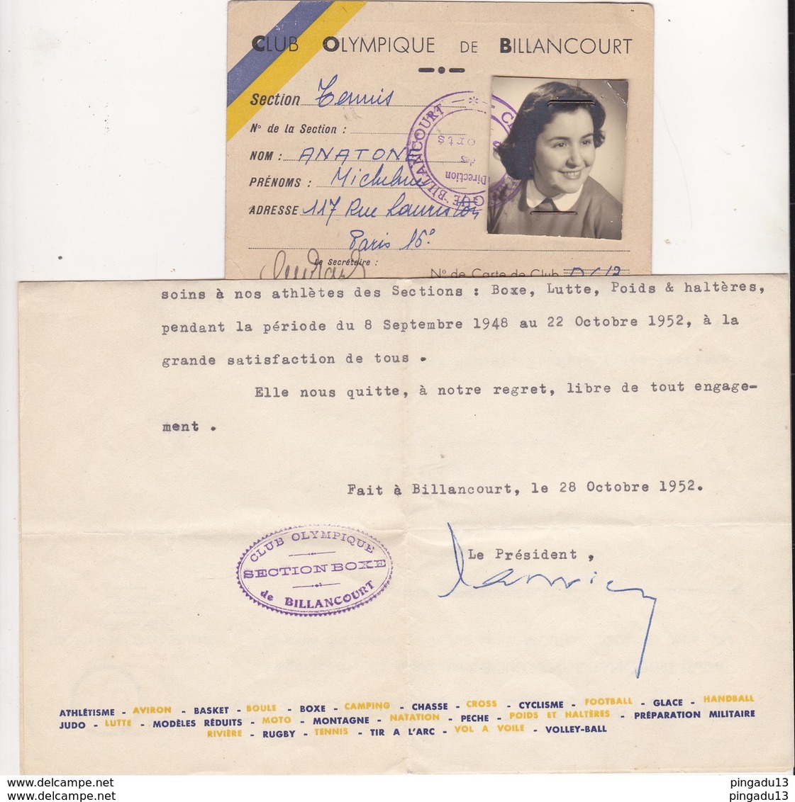 Fixe Petite Archive COB Boulogne Billancourt Section Boxe Et Tennis Année 1951 - Other & Unclassified