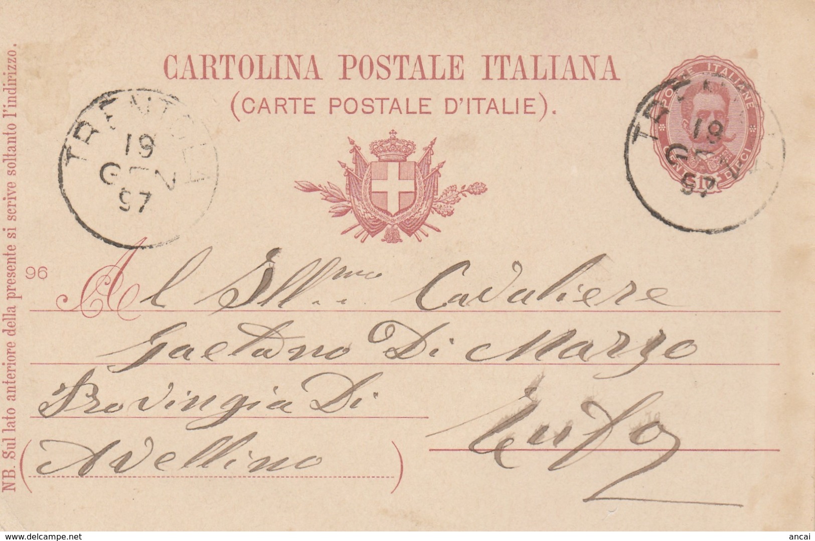 Trentola 1897. Annullo Grande Cerchio TRENTOLA, Su Cartolina Postale - Storia Postale