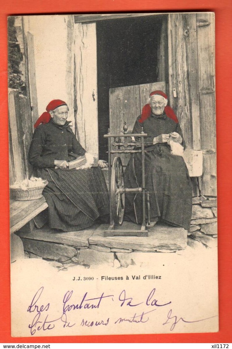 ZAE-03 Fileuses à Val D'Illiez Foulards Rouges Rouet Jullien 3090  Circulé 1902 - Val-d'Illiez 