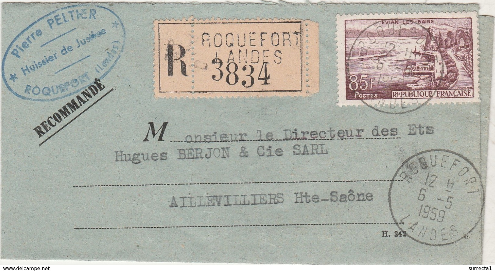 1959 / Lettre Recommandée PELTIER Huissier / Roquefort 40 Landes - 1921-1960: Période Moderne