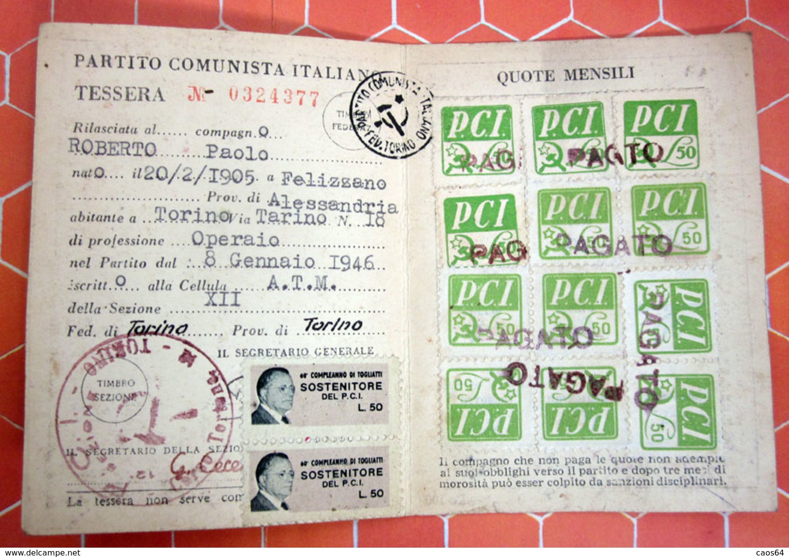 TESSERA PARTITO COMUNISTA ITALIANO 1953 - Lidmaatschapskaarten