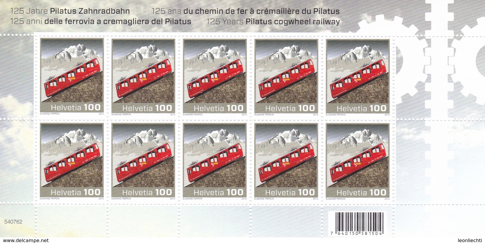 2014 Sondermarke Kleinbogen  Pilatus Zahnradbahn. ** Zu:1508. Mi: 2343 - Blocs & Feuillets