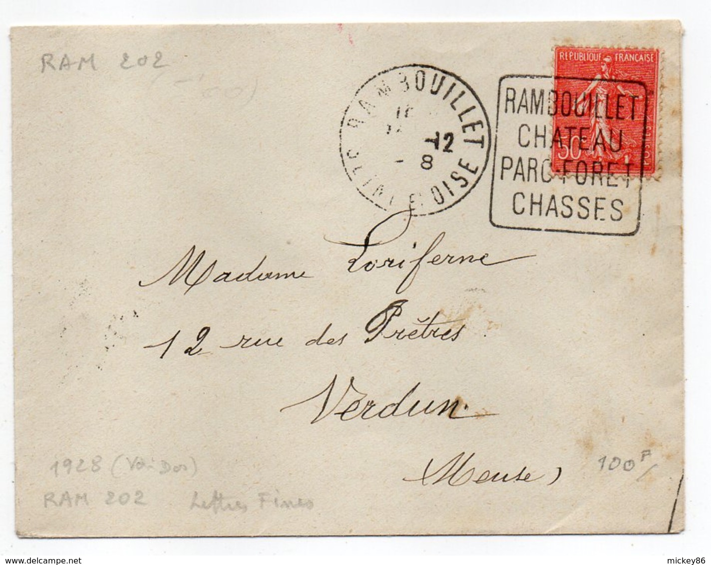 1928--lettre De Rambouillet-78 Pour Verdun-55 -cachet Daguin"Rambouillet,Chateau,Parc,Forêt,chasses"type Semeuse Lignée - Oblitérations Mécaniques (Autres)