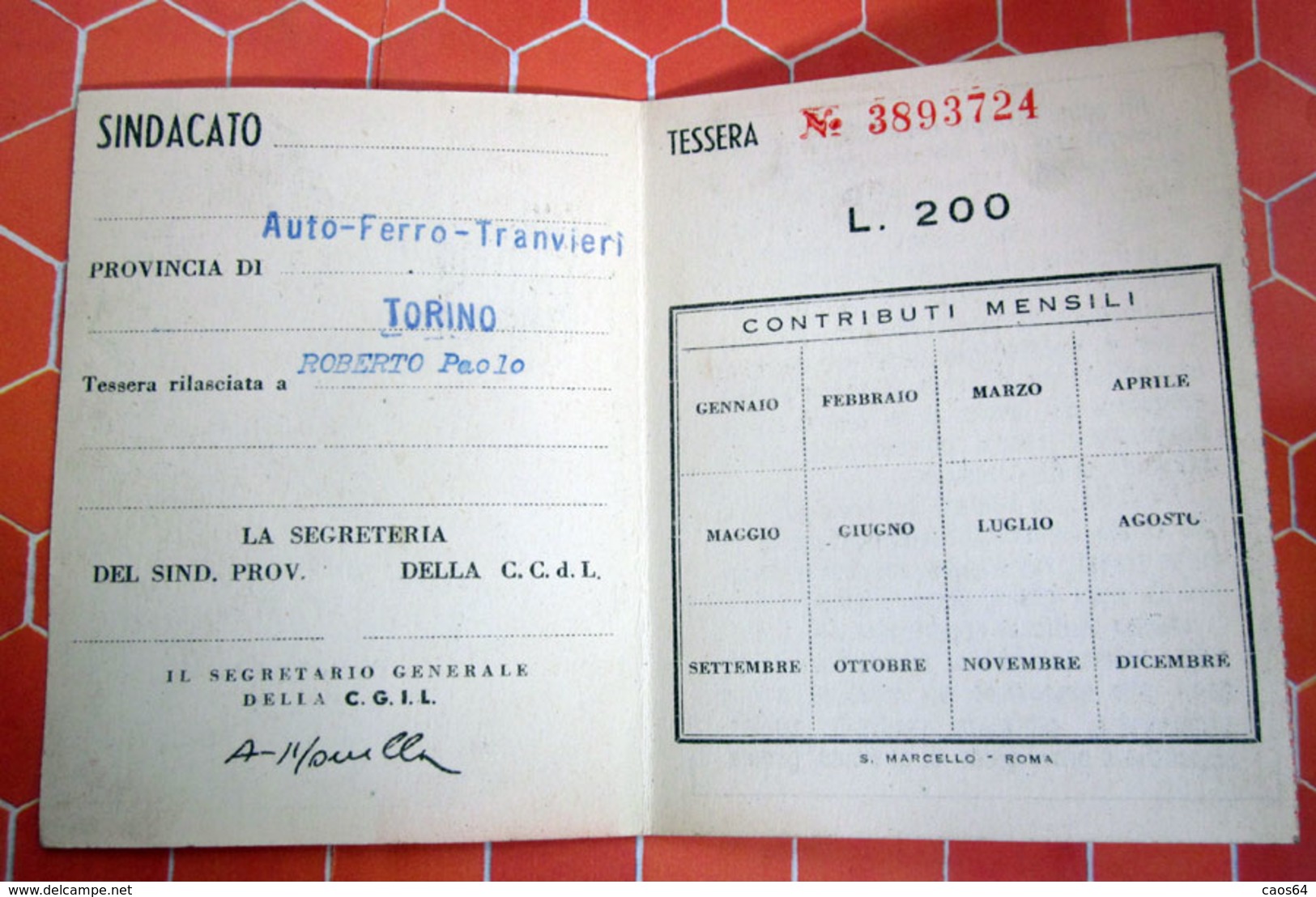 TESSERA CGIL  1959 - Mitgliedskarten
