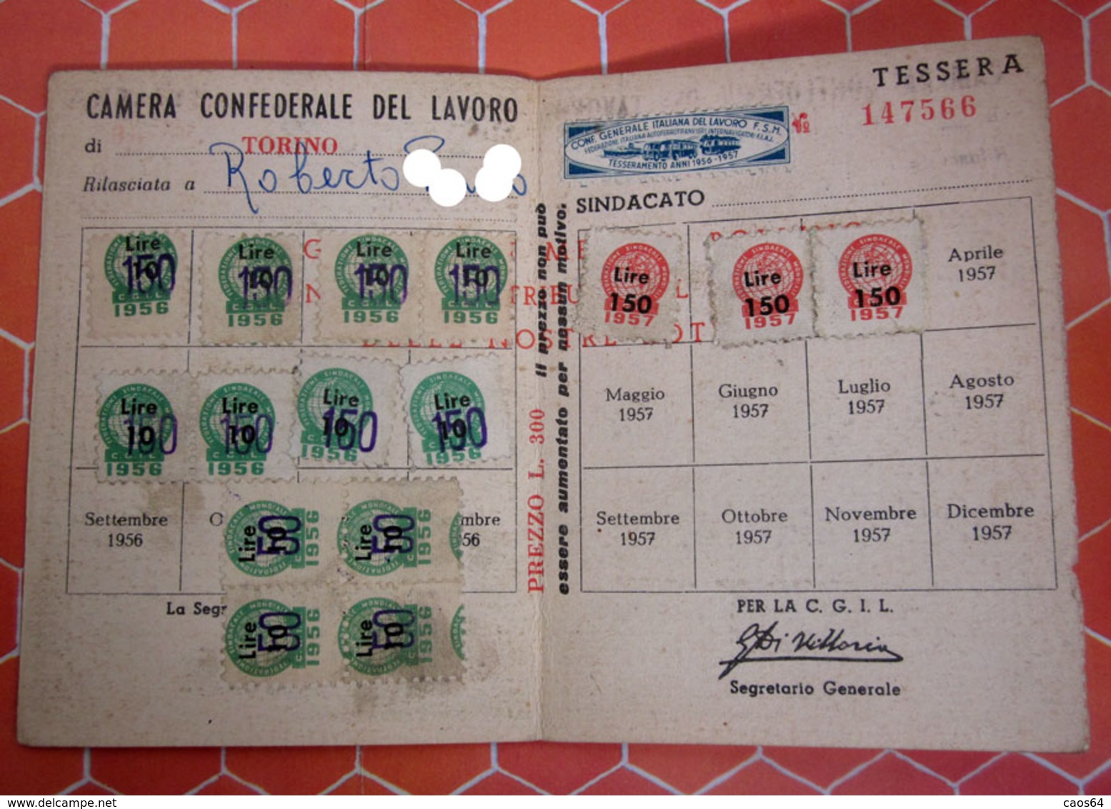 TESSERA CGIL  1956 1957 TORINO - Cartes De Membre