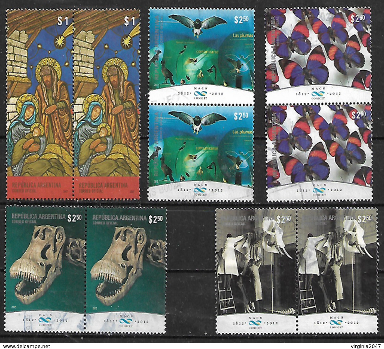 2007-13 Argentina Navidad-museos Fosiles Mariposas 10v.parejas - Used Stamps